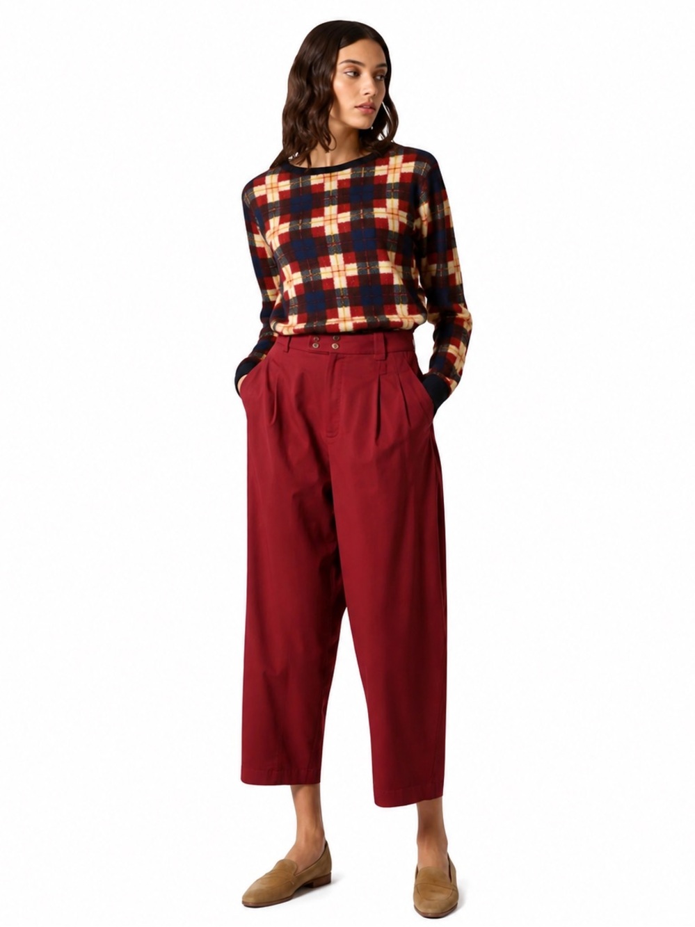 NWT SKFK Burgundy Organic Cotton Pleated Barrel Crop Pants